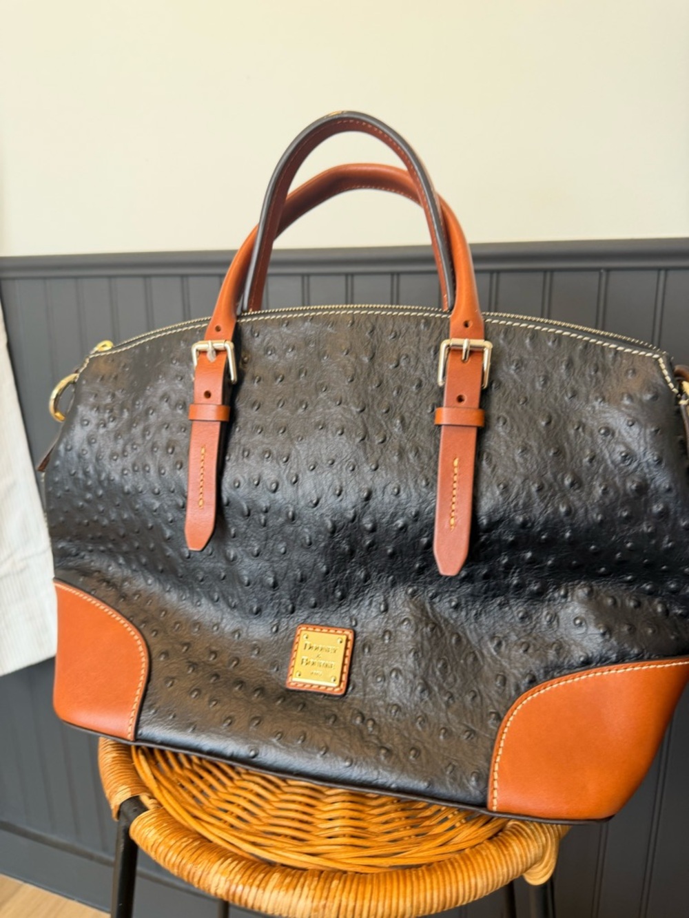 Vintage NWOT Dooney & Bourke Black Ostrich-Embossed Leather Satchel